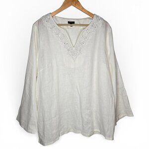 Talbots Linen Popover Top Women Floral Beaded Neck V Collar Resortwear XL